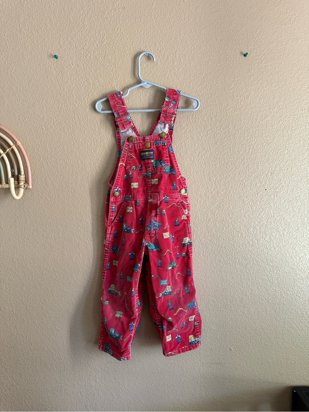 Vintage OshKosh B'gosh Red Corduroy Overalls Construction Print
